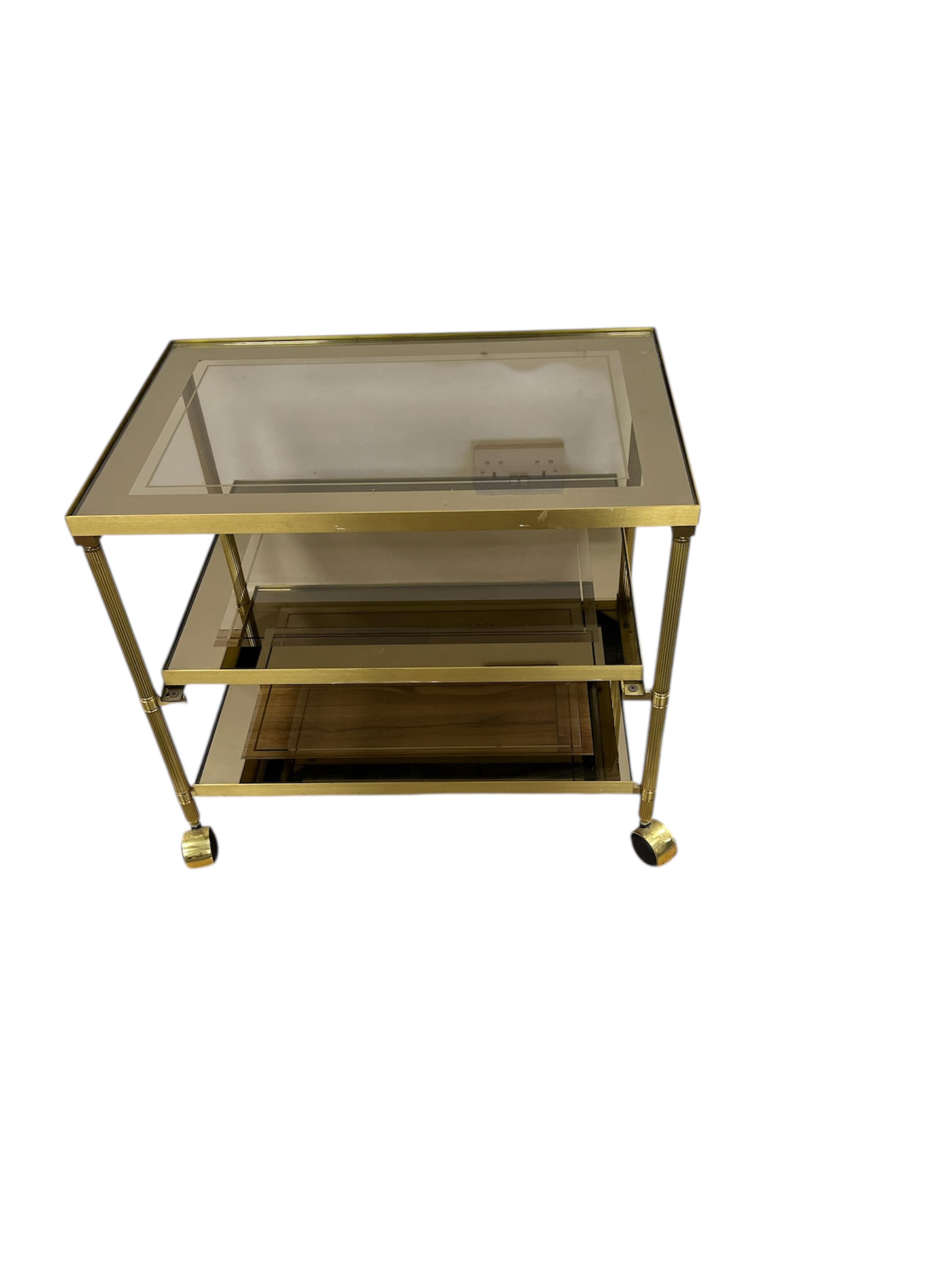 A brass three tier tea trolley, width 67cm, depth 44cm, height 60cm